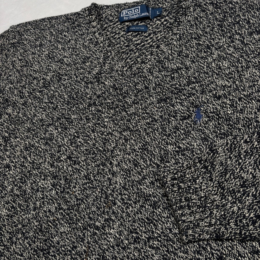 Polo Ralph Lauren Sweater Mens L Beige Black Marled V-Neck Cotton Knit Pony Logo